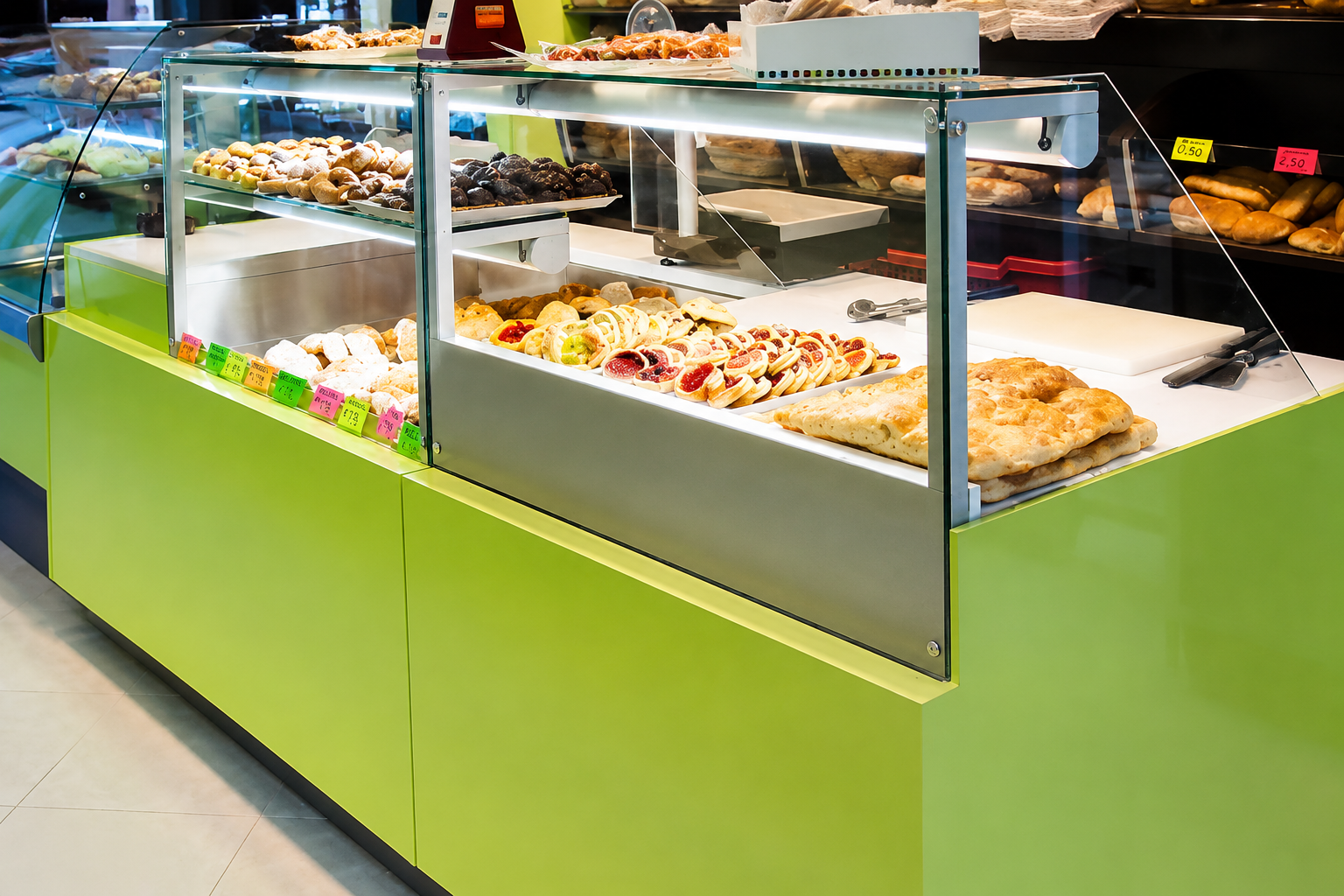 Green bakery display case with assorted pastries and desserts under glass at a shop counter