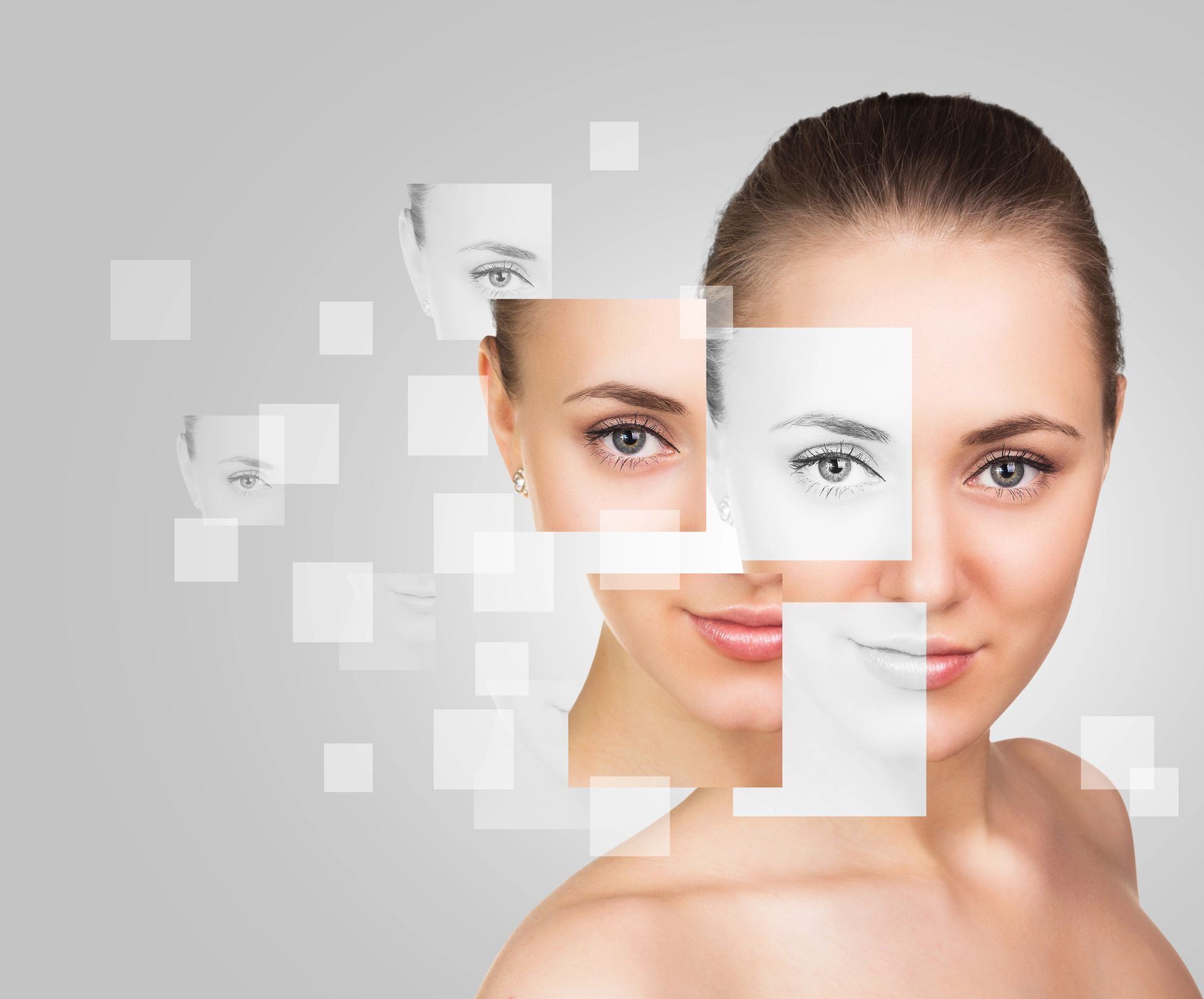 Woman's face with translucent square overlays and eye graphics on a gray background