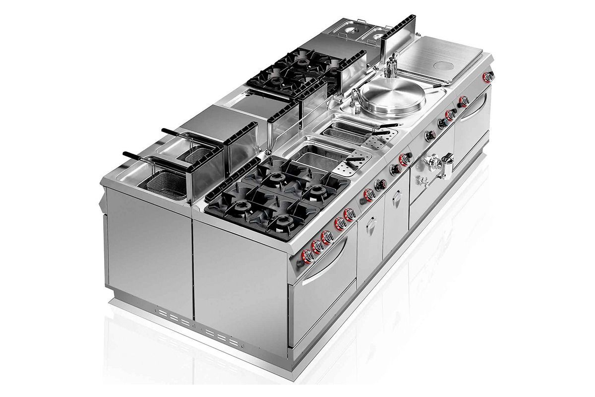 Stainless steel commercial kitchen cooking range with burners, grill, and oven units
