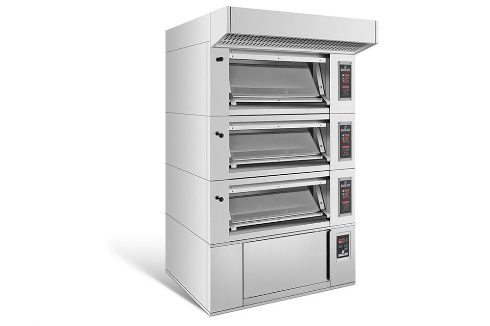 Industrial bakery oven with four stacked compartments and control panels on the right side