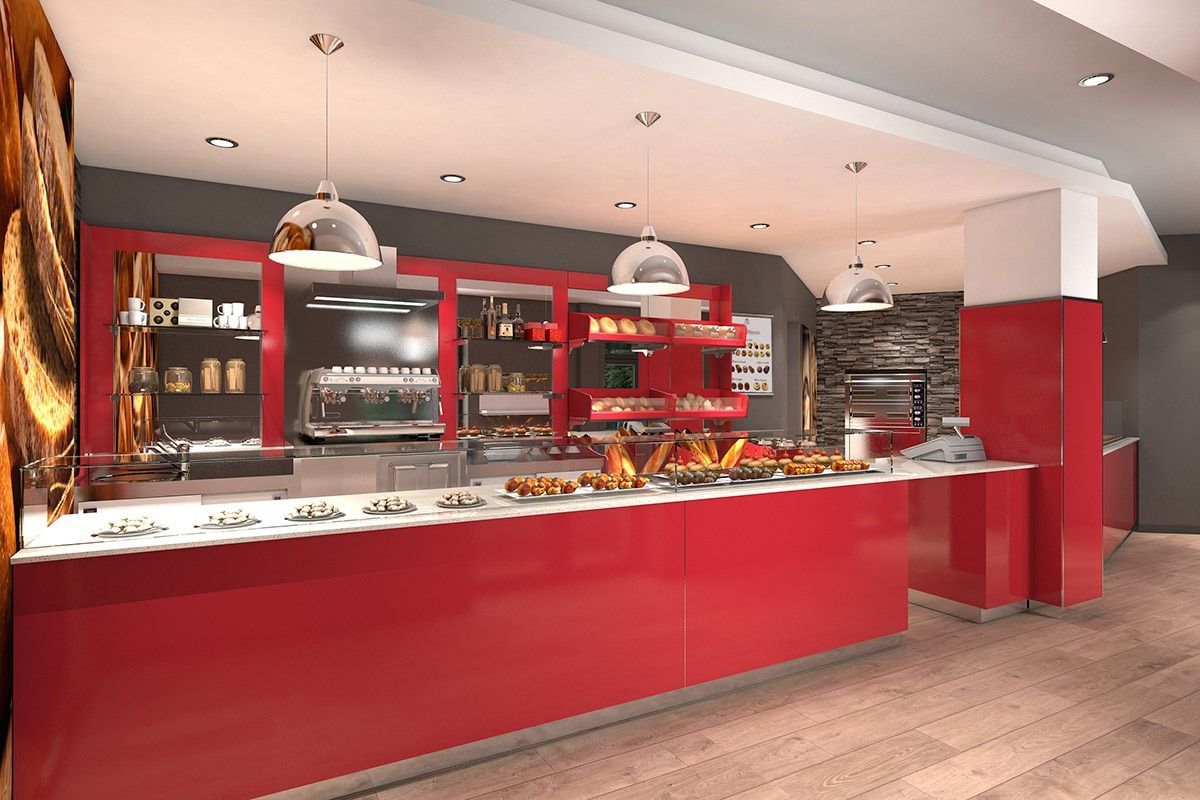 Modern red-and-white café counter with display cases and hanging pendant lights