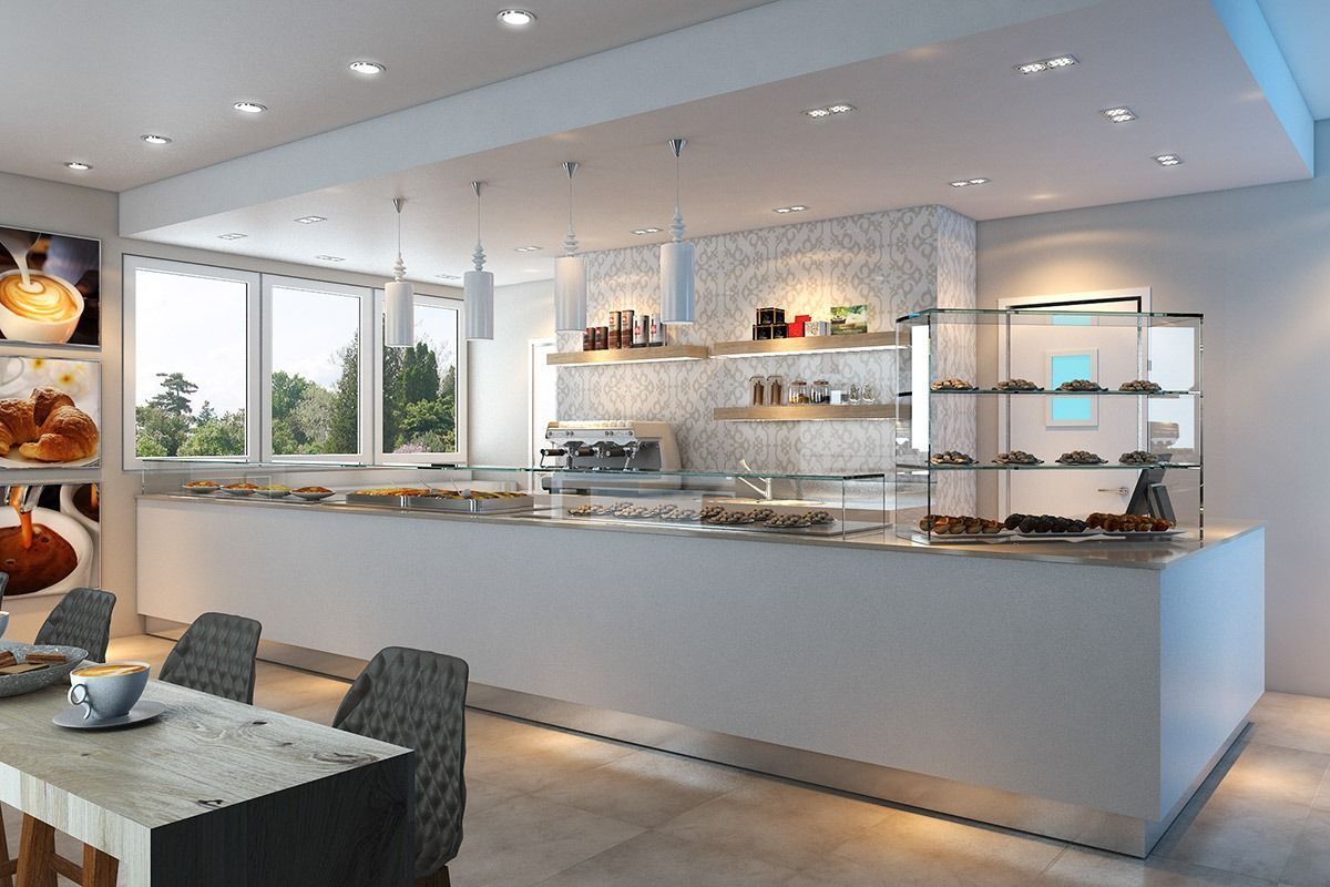 Modern bright kitchen with white island, shelves, windows, and dining table in the foreground
