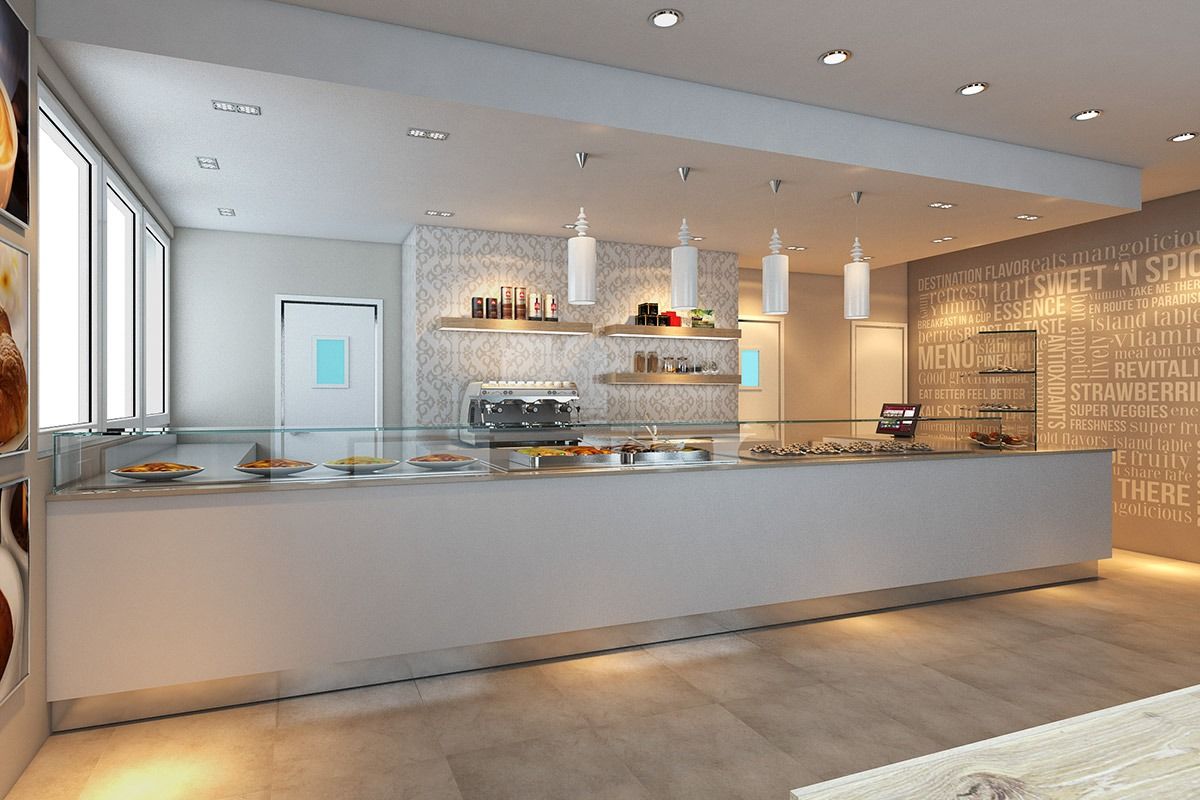 Modern kitchen with a long white island, glass shelves, warm lighting, and a sleek minimalist design