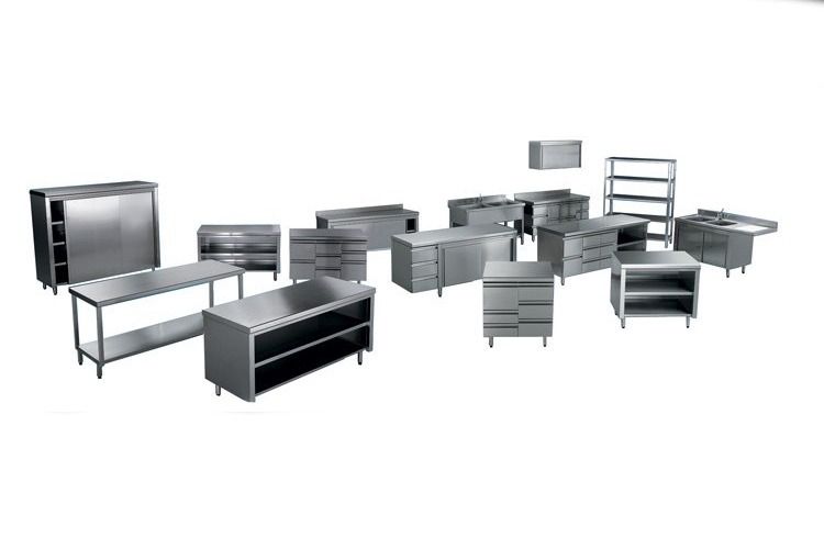 Assorted stainless steel commercial kitchen counters, shelves, and equipment on a white background