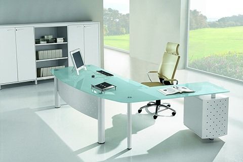 Modern white office with a curved aqua desk, chair, cabinets, and large window view