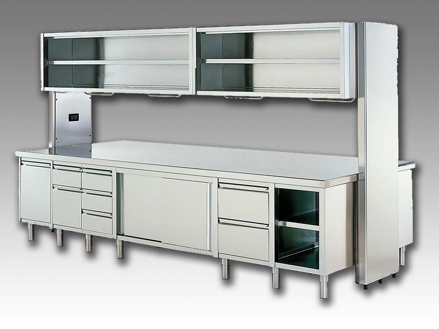 Stainless steel laboratory bench with cabinets, drawers, and overhead shelves