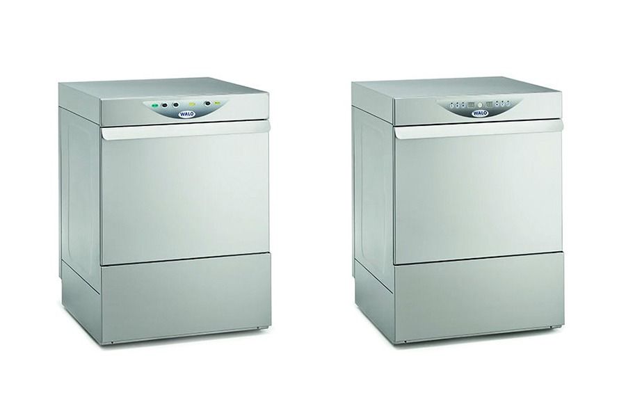Two silver dishwashers standing side by side on a white background