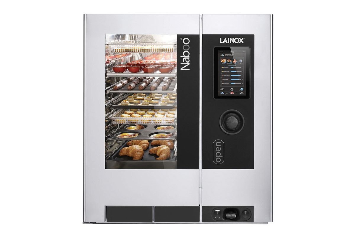 Stainless steel commercial oven with glass door and digital control panel, showing trays of food inside