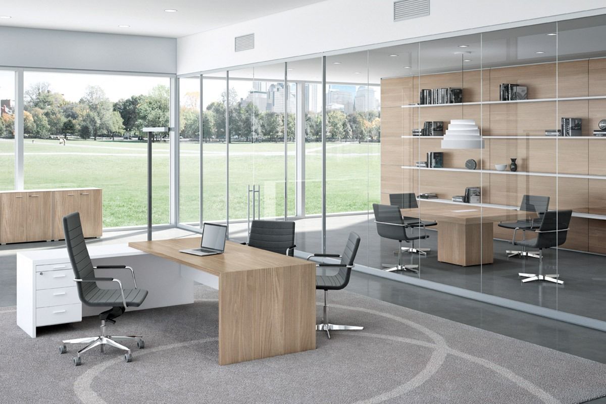 Modern office with desks, chairs, shelving, and large glass walls overlooking a green lawn