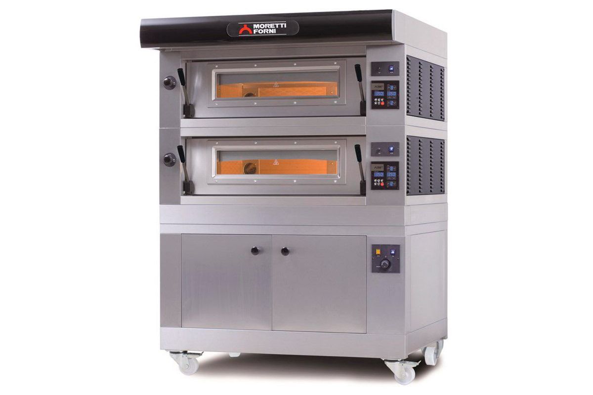 Double-deck stainless steel commercial pizza oven with glass doors and digital controls