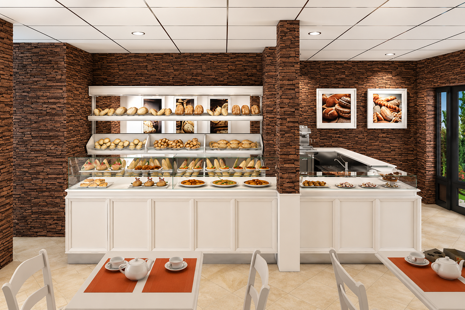 Modern bakery counter with pastries, white shelves, brick walls, and café seating