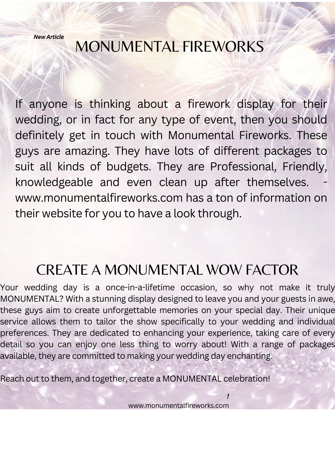 A flyer for a wedding fireworks display.