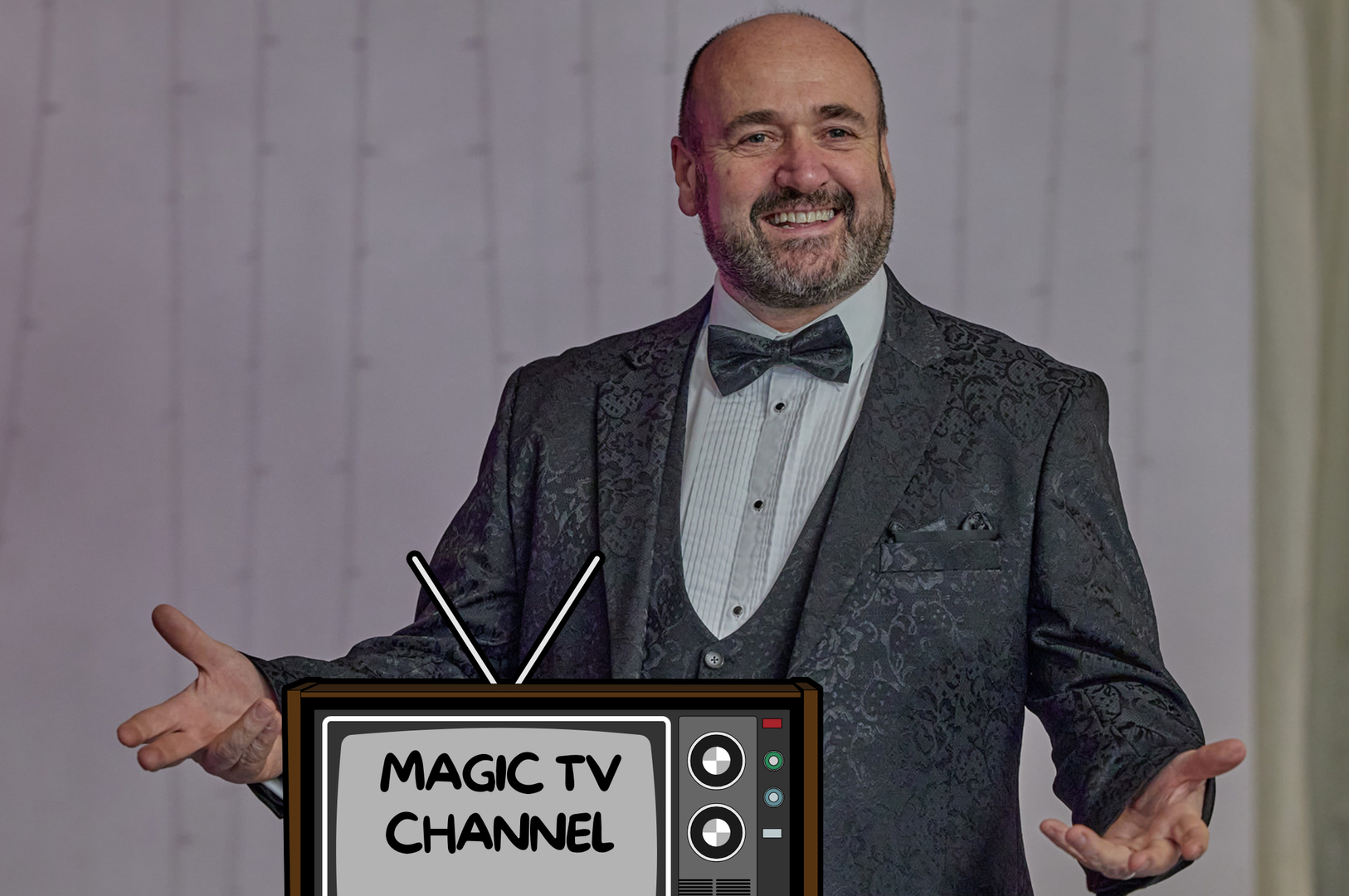 Wrexham Magician Paul Roberts presenting TV Magic.