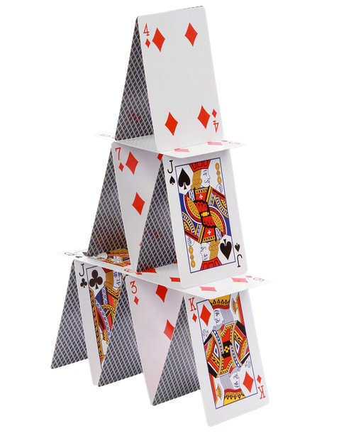 A stack of playing cards stacked on top of each other on a white background.