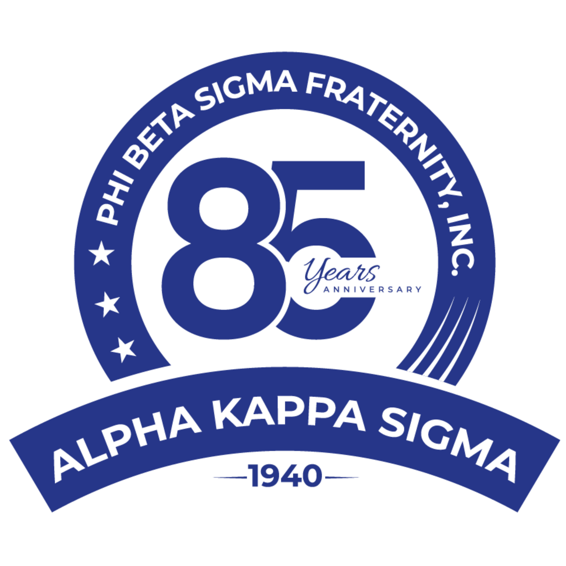 Phi Beta Sigma Fraternity, Inc. 85th Anniversary logo. Blue circle with