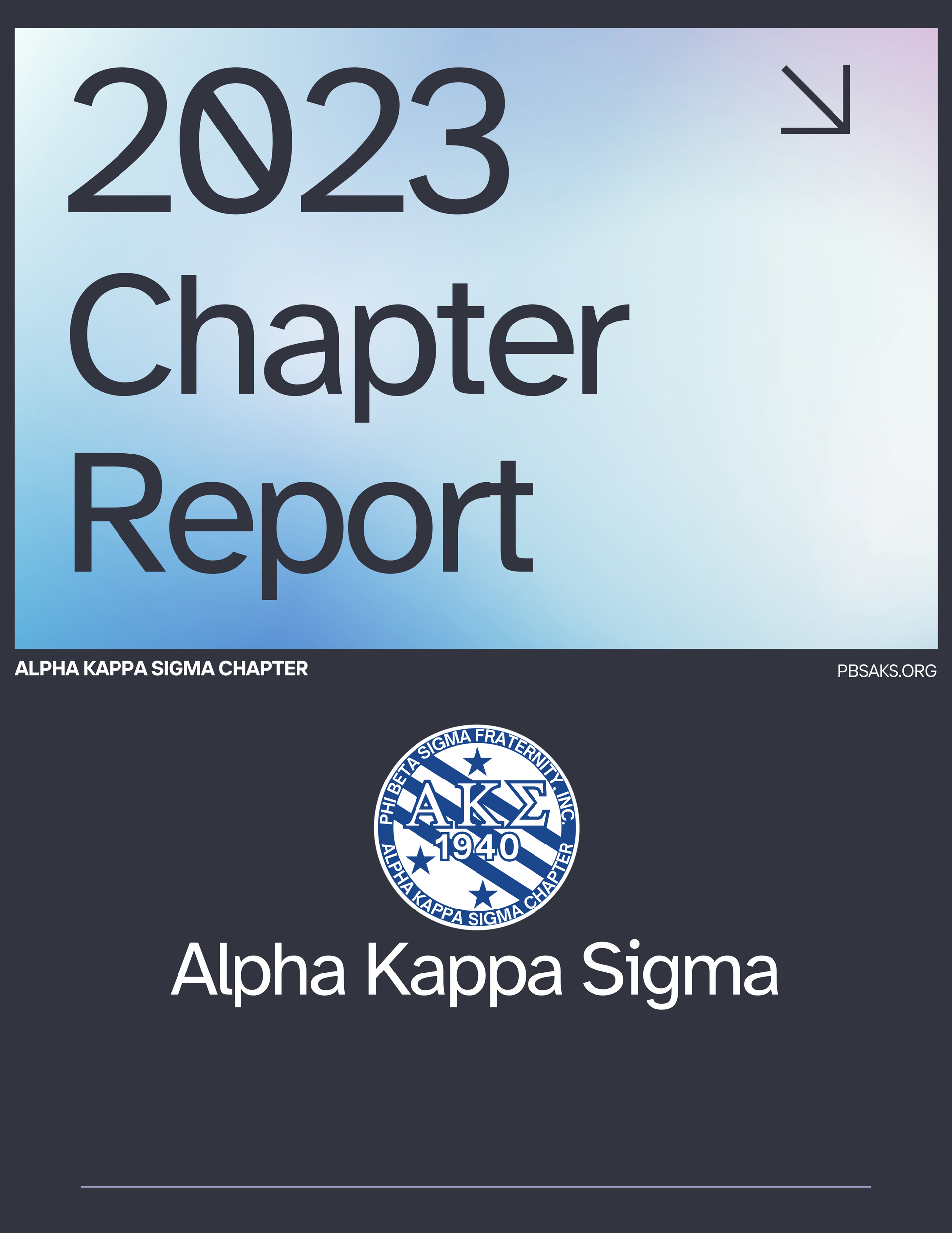 2023 Chapter Report cover: Alpha Kappa Sigma logo on a navy background. Blue gradient with white text.