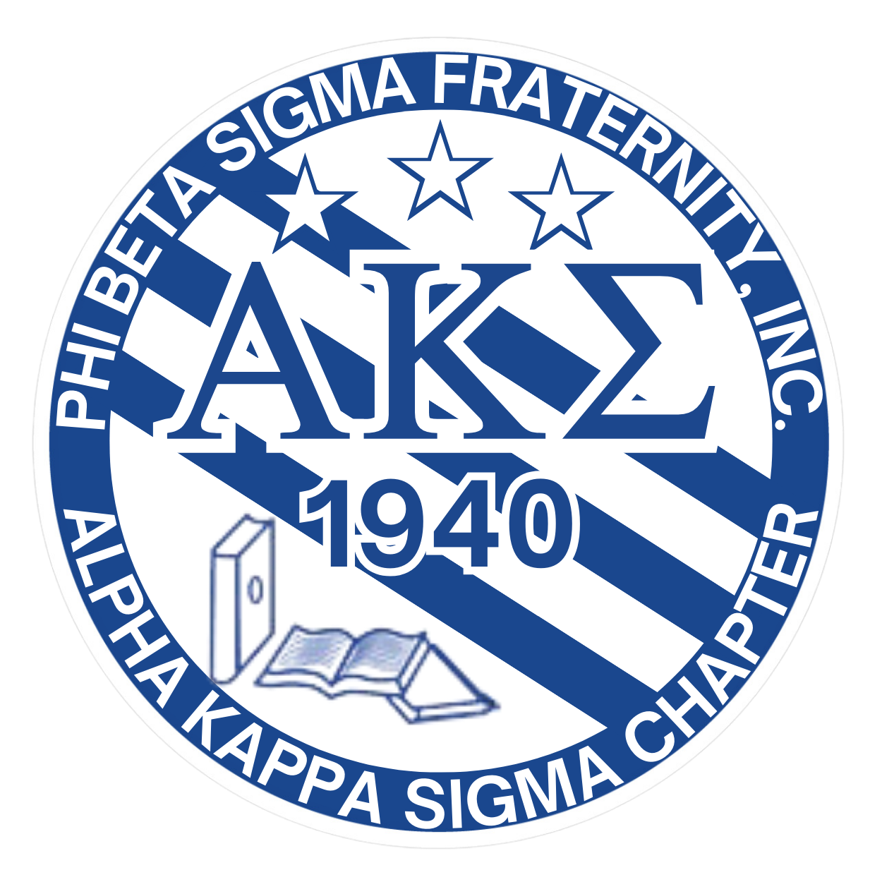 Blue and white Alpha Kappa Sigma fraternity seal with Greek letters, stars, books, and text.