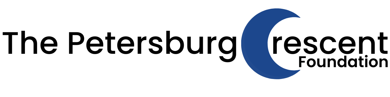 Logo for The Petersburg Crescent Foundation, a dark blue crescent moon graphic with text.