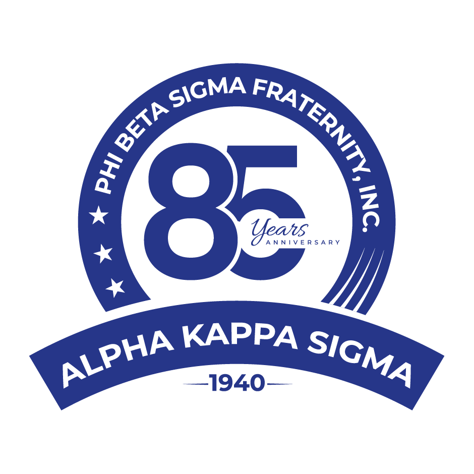 Logo for Phi Beta Sigma Fraternity, Inc. 85th Anniversary, Alpha Kappa Sigma chapter. Blue and white, with stars and text.
