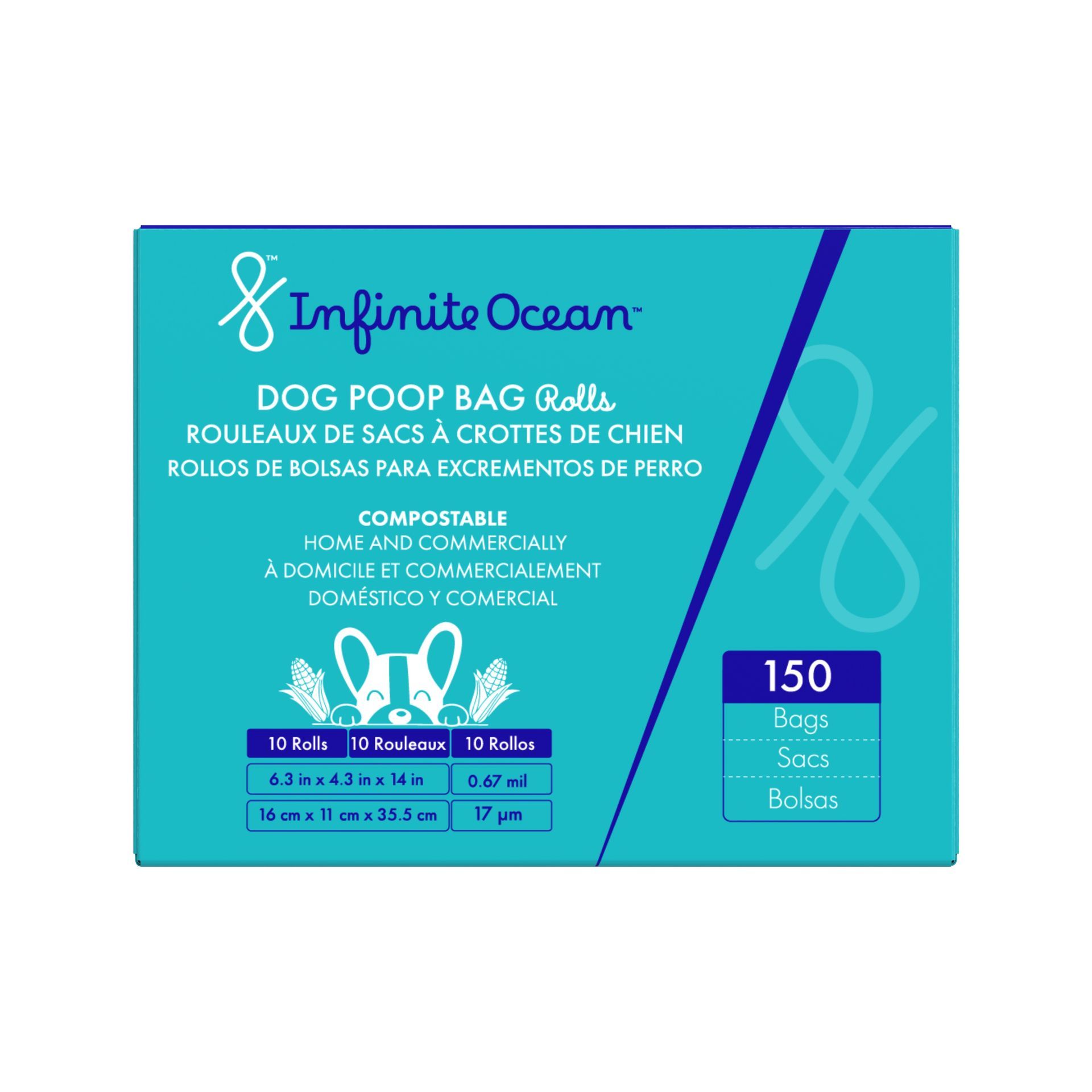 Infinite Ocean Home Compostable Dog Poop Bag Rolls, Tie-Handle, Leak & Odor-Proof Extra-Thick Blue Refill Rolls, Unscented