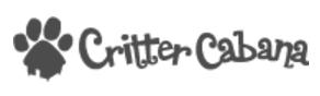 A black and white logo for critter cabana with a paw print