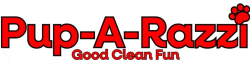 A red logo for pup-a-razzi good clean fun