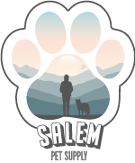 A logo for salem pet supply with a paw print and a man walking a dog.