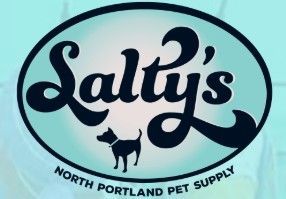 The logo for salty 's north portland pet supply has a dog on it.