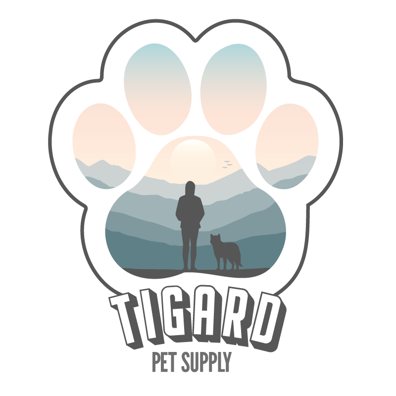 A logo for tigard pet supply shows a man and a dog
