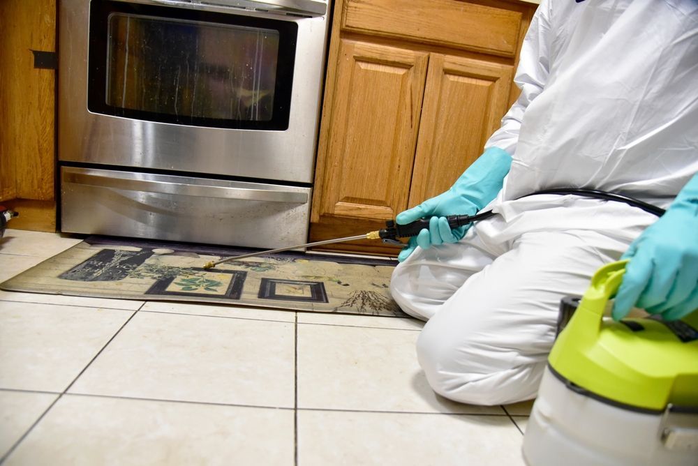 Person in white protective suit cleaning a kitchen floor with a green spray container near an oven and cabinets