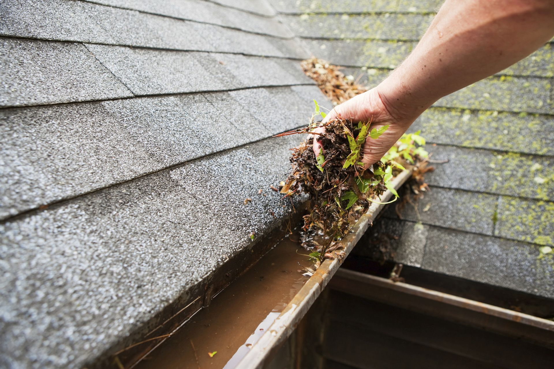 A person is cleaning a gutter on a roof.