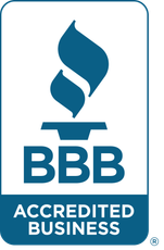 A blue and white logo for bbb accredited business