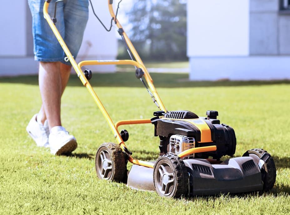 A person is using a yellow lawn mower to cut the grass.