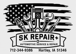 SK Repair logo with tools over U.S. flag, automotive service banner, phone number, and Hartley, IA address