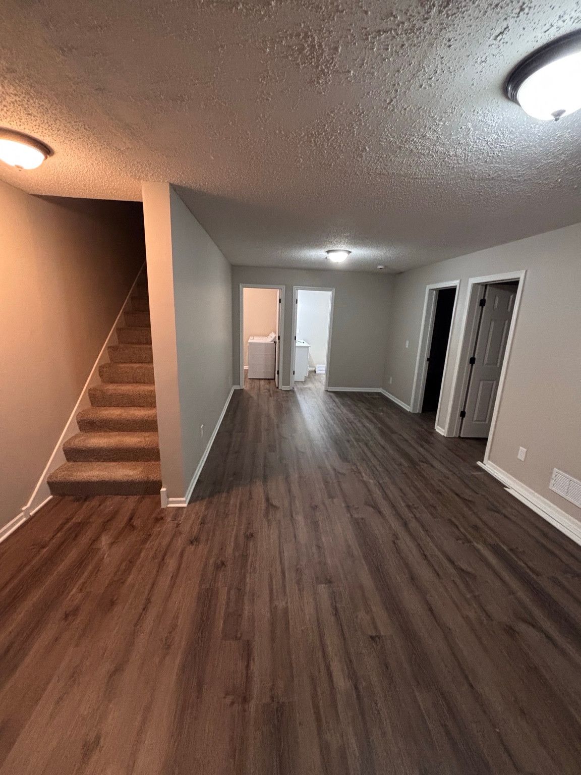 Lower-level interior with wood-look flooring, gray walls, white trim and carpeted stairs.