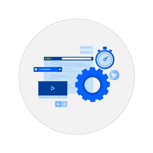 An illustration of a gear, a stopwatch, and a video player.