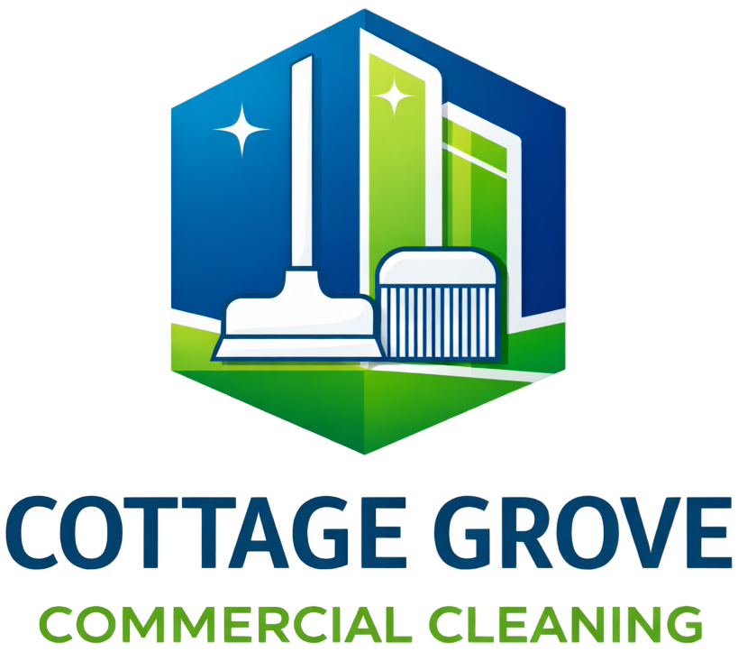 Cottage Grove Commercial Cleaning logo with building, mop, and broom icon