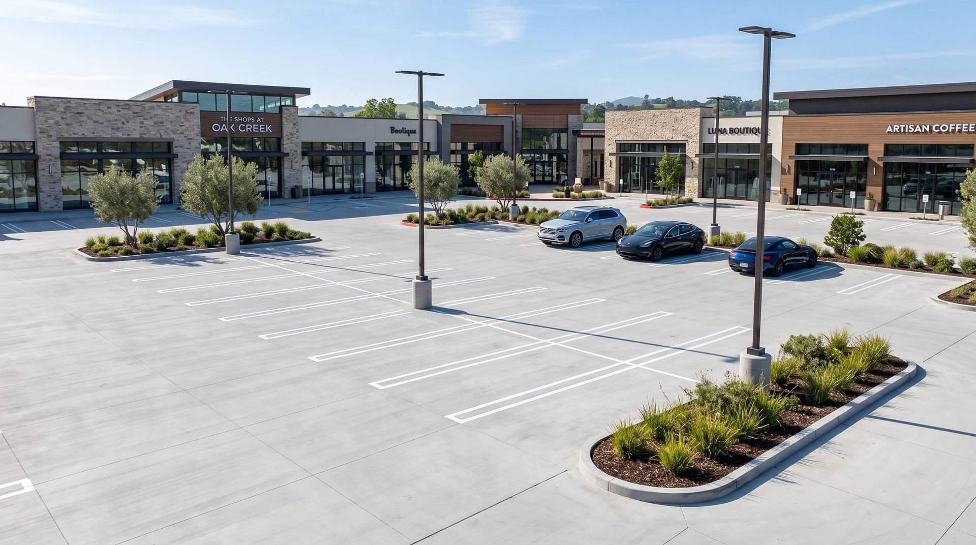 A brand new concrete parking lot for an upscale retail location.