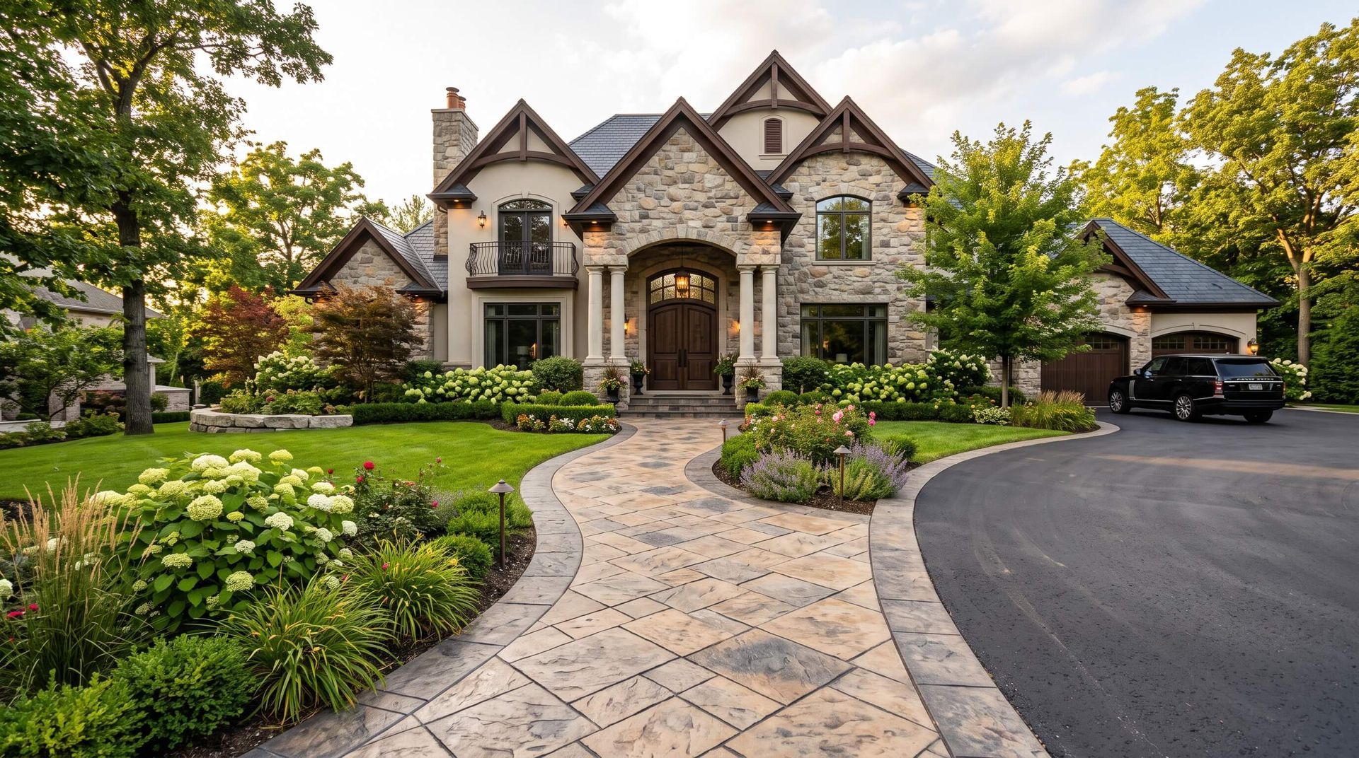 A luxurious house with decorative concrete for the path from the driveway leading to the front door.
