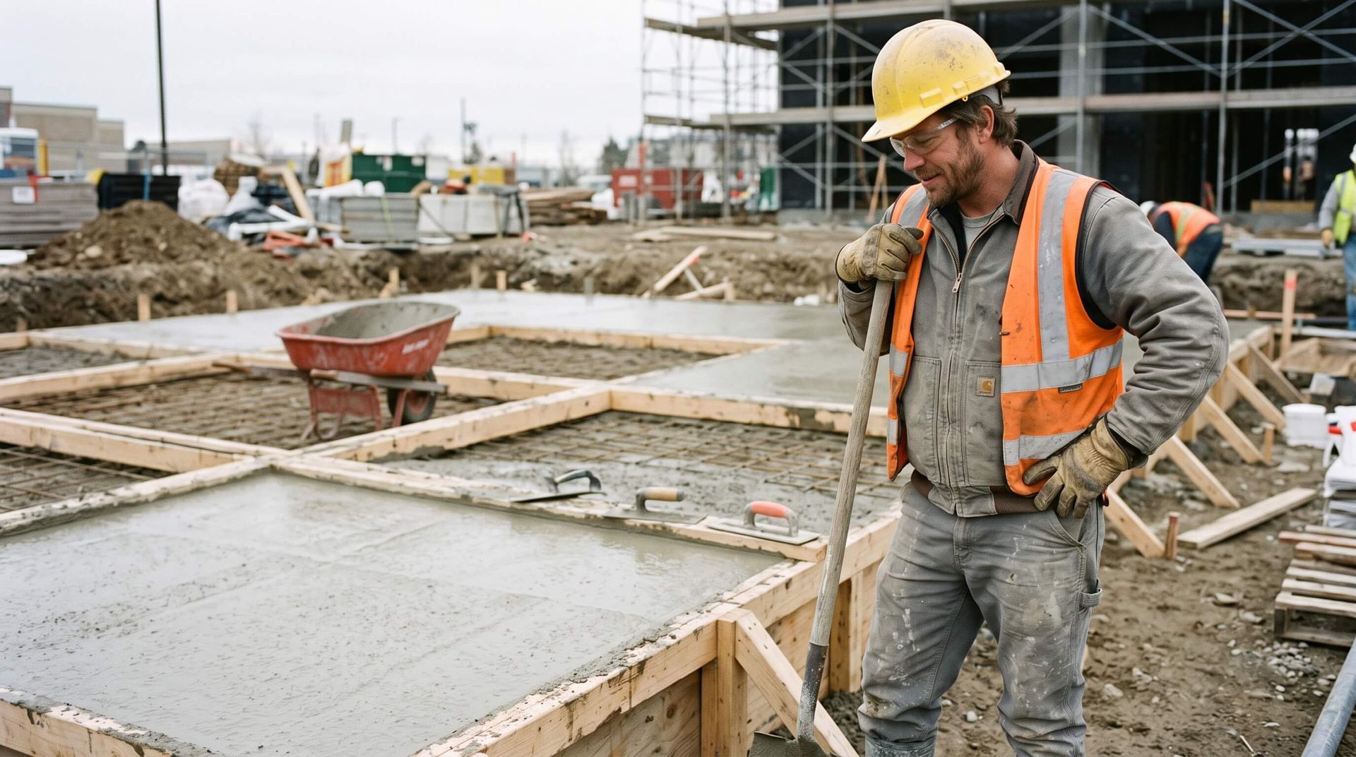 Male concrete worker looking at freshly poured concrete