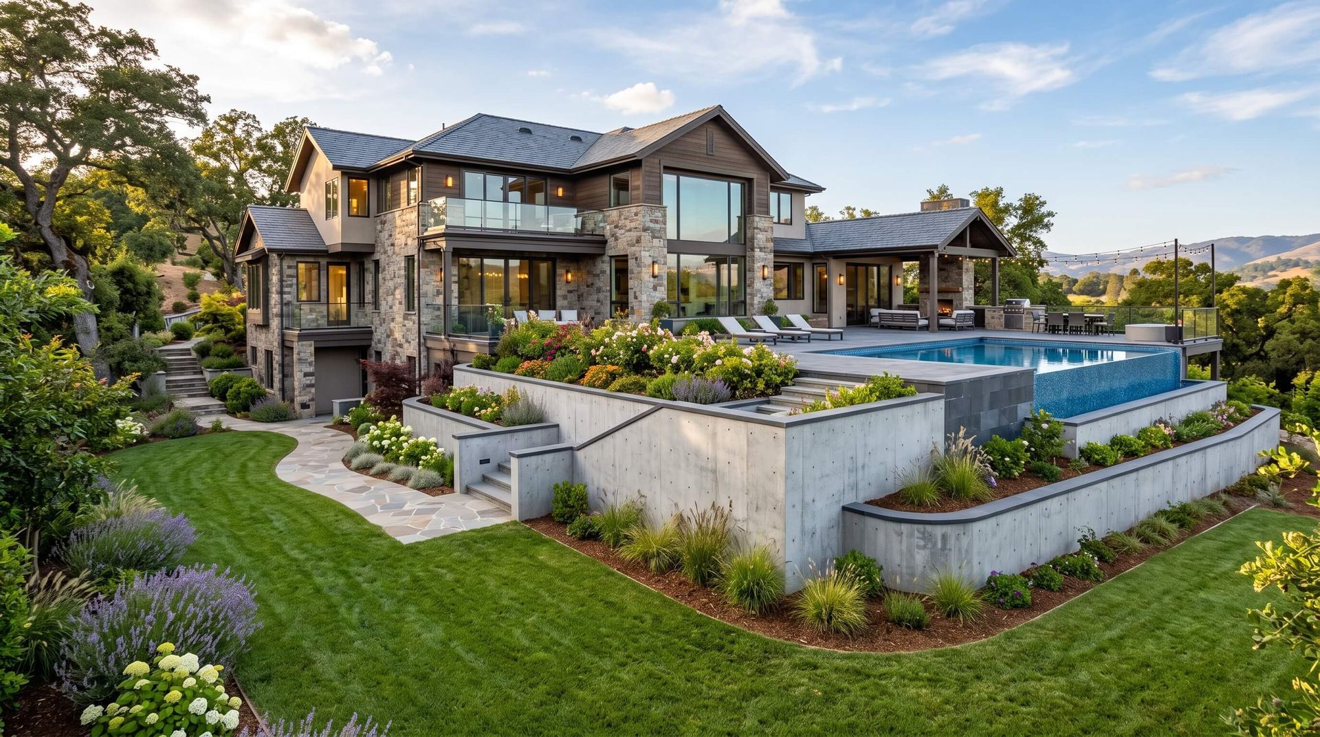A luxurious house from the backyard with a brand new concrete retaining wall.