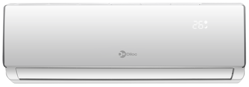 Condizionatore d'aria a parete di colore bianco su sfondo neutro.