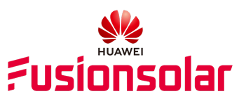 Logo Huawei FusionSolar in rosso con icona stilizzata di un ventaglio su sfondo bianco.