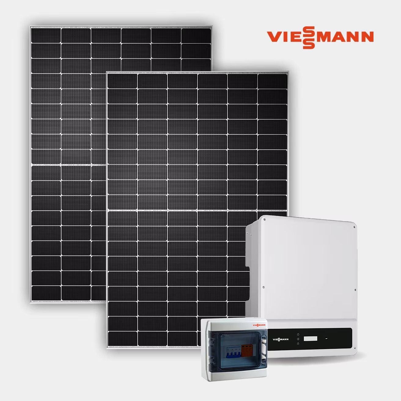 Sistema di pannelli solari Viessmann con inverter e centralina di controllo su sfondo bianco.