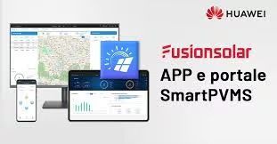 Huawei FusionSolar APP e portale SmartPVMS con schermate dashboard su laptop, tablet e telefono