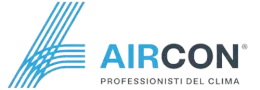 Logo AIRCON con icona a strisce blu e testo grigio “PROFESSIONISTI DEL CLIMA”