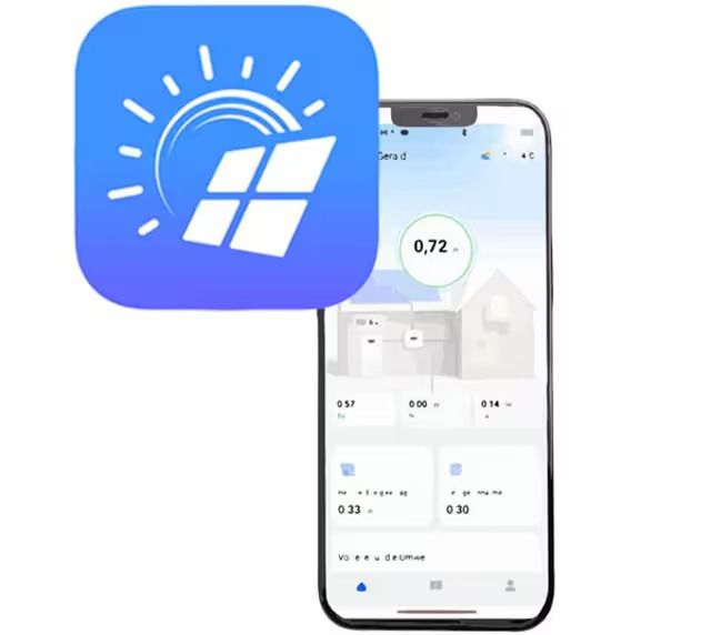 Icona blu dell'app con logo Windows bianco accanto a uno smartphone che mostra una dashboard di domotica.