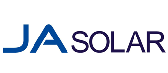 Logo JA Solar in blu e grigio su sfondo bianco.