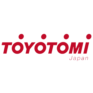 Logo Toyotomi Japan in rosso corsivo su sfondo bianco.