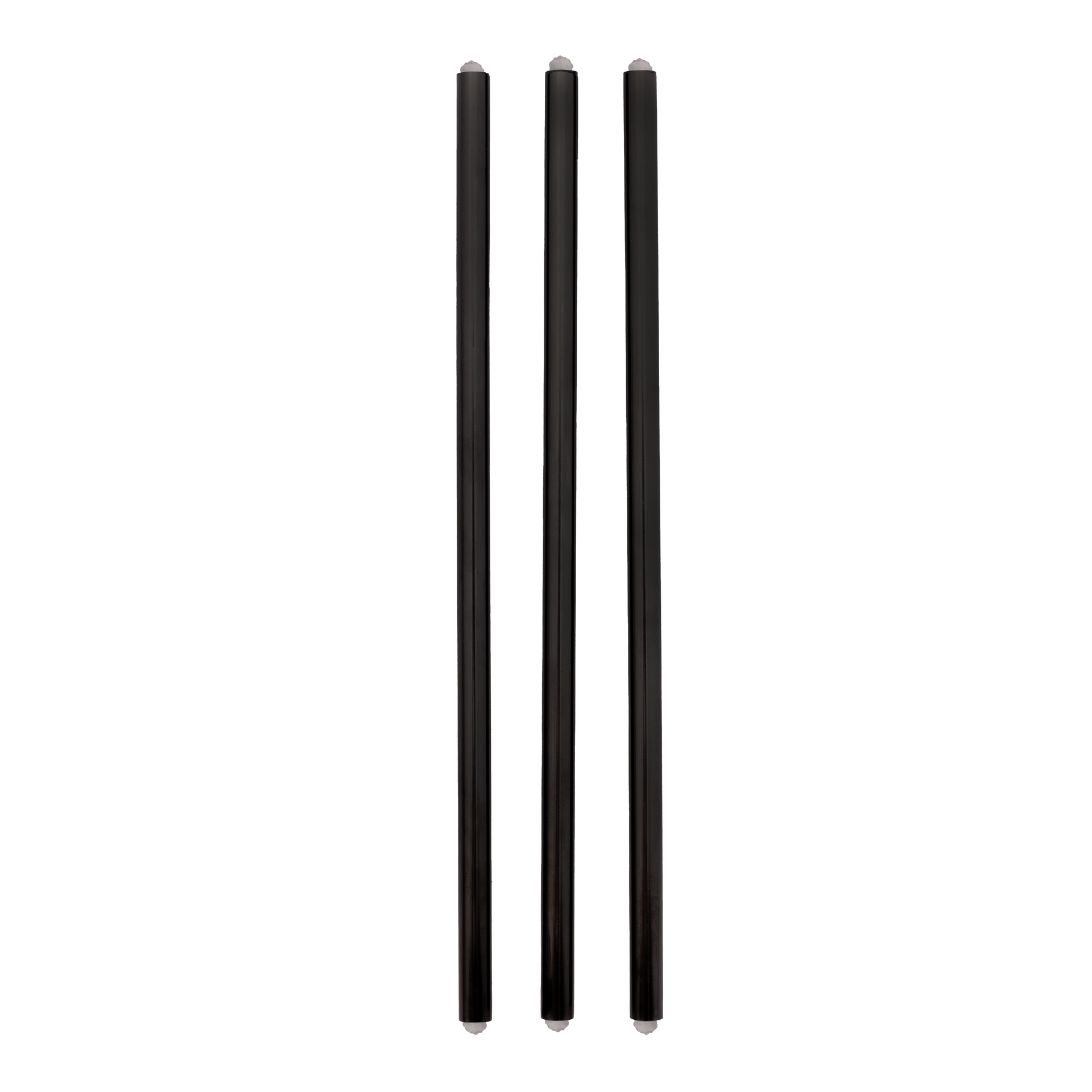 A set of three black straws on a white background.
